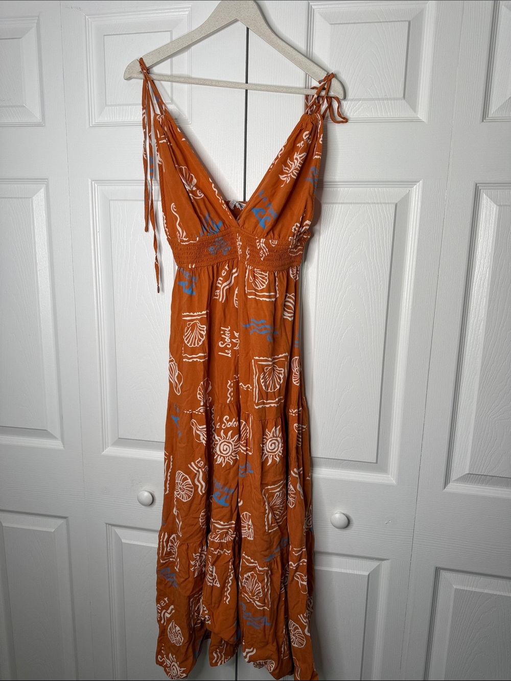 Patrons of Peace Boho Midi Dress | Rust Coastal Print | Size Medium